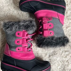 Gently used (Worn Once) Pink and Gray Winter Boots with Faux Fur